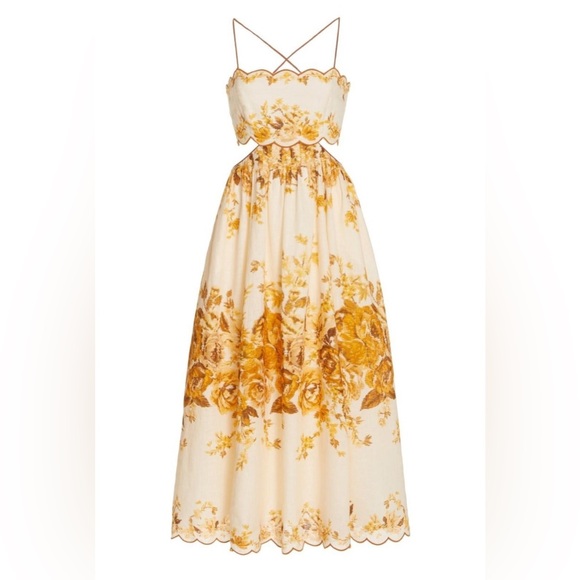 ZIMMERMANN ALIANE SCALLOP MIDI DRESS AMBER FLORAL SIZE 2 US 6-8 - Picture 2 of 16